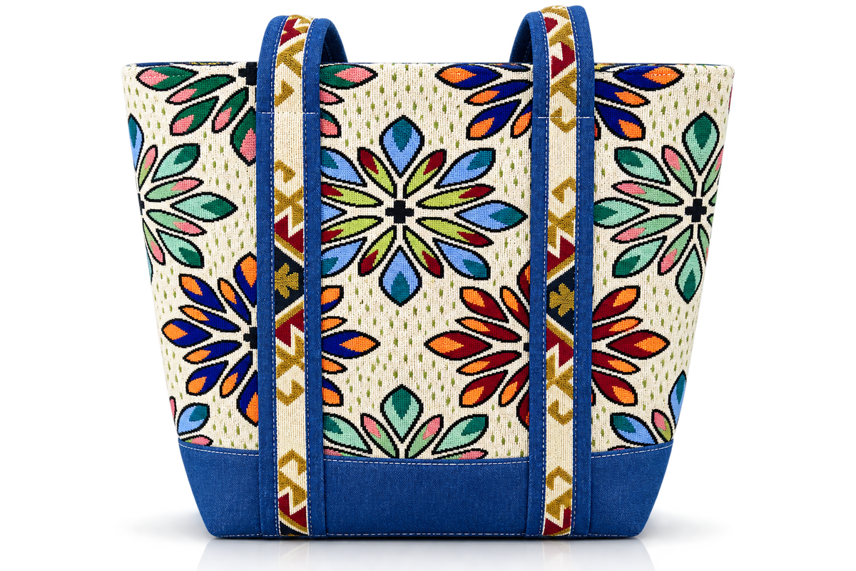Multicolor Floral Printed Canvas and denim Tote Bag with Blue Handles