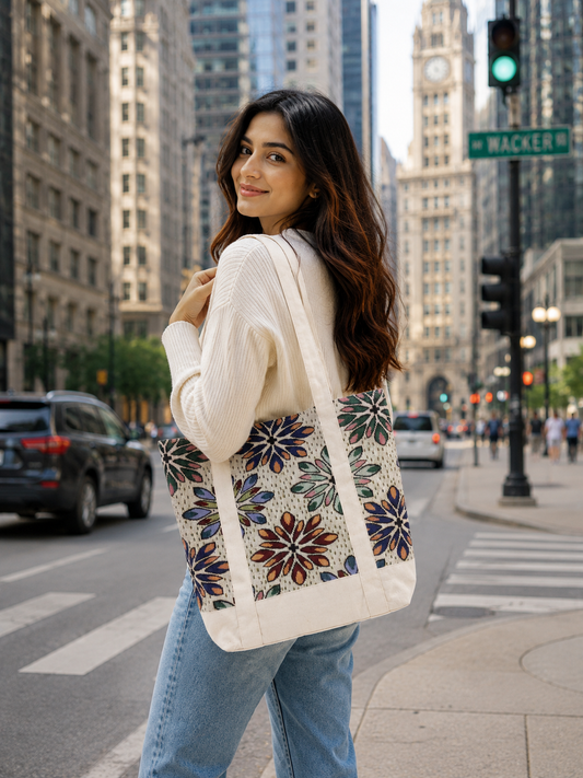Floral Geometric Printed tapestry and Canvas Tote Bag – Multicolor Ethnic Design