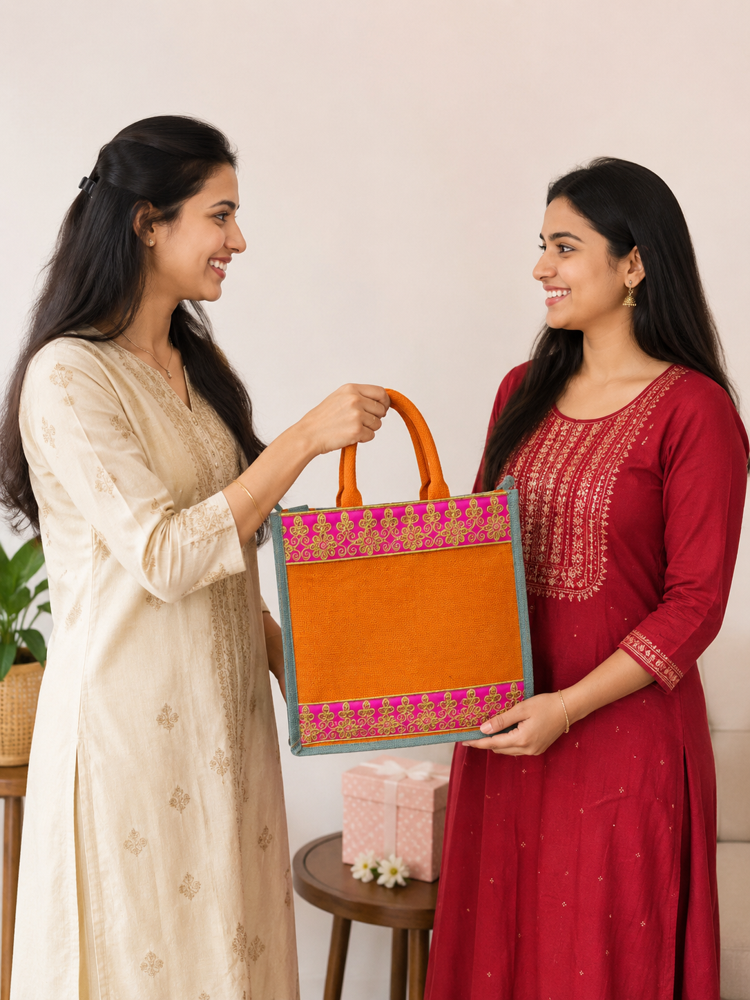 Handcrafted orange Jute Tote Gifting Bag with Pink & Golden Embroidered Border