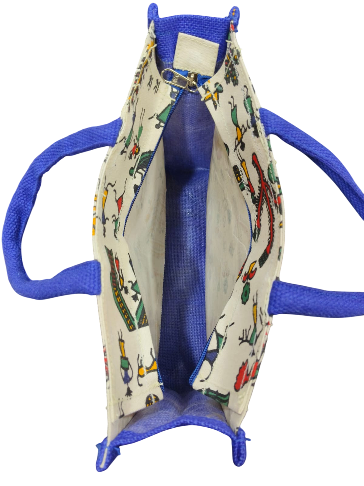 Traditional Folk Art Printed Canvas Gifting Tote Bag with blue jute side strap.