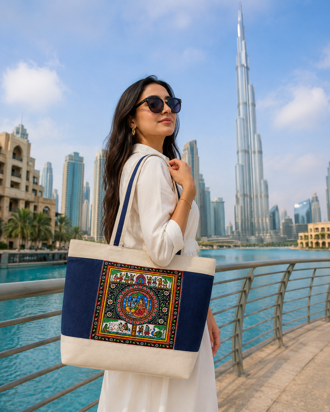 Handmade premium denim and Canvas Tote Bag with Traditional odish pattachitra Art Panel