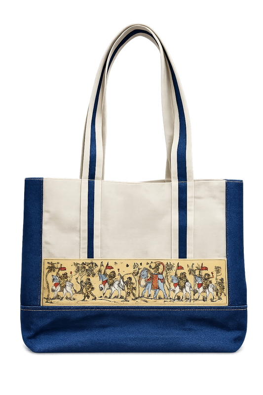 Heritage denim & Canvas Tote Women hand Bag with Ethnic pattachitra work.