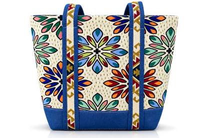 Multicolor Floral Printed Canvas and denim  Tote Bag with Blue Handles