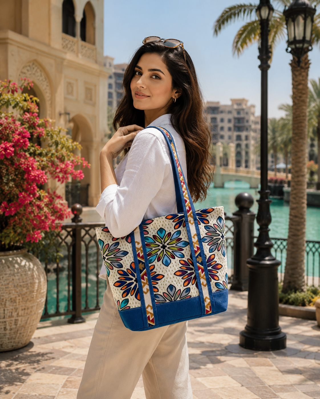 Multicolor Floral Printed Canvas and denim  Tote Bag with Blue Handles