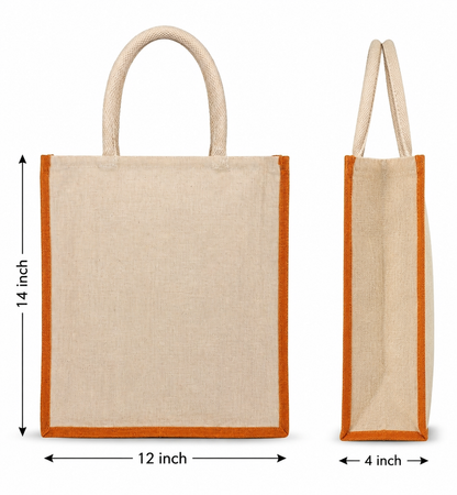 Natural Jute Canvas Tote Bag with Orange Border & Rope Handles