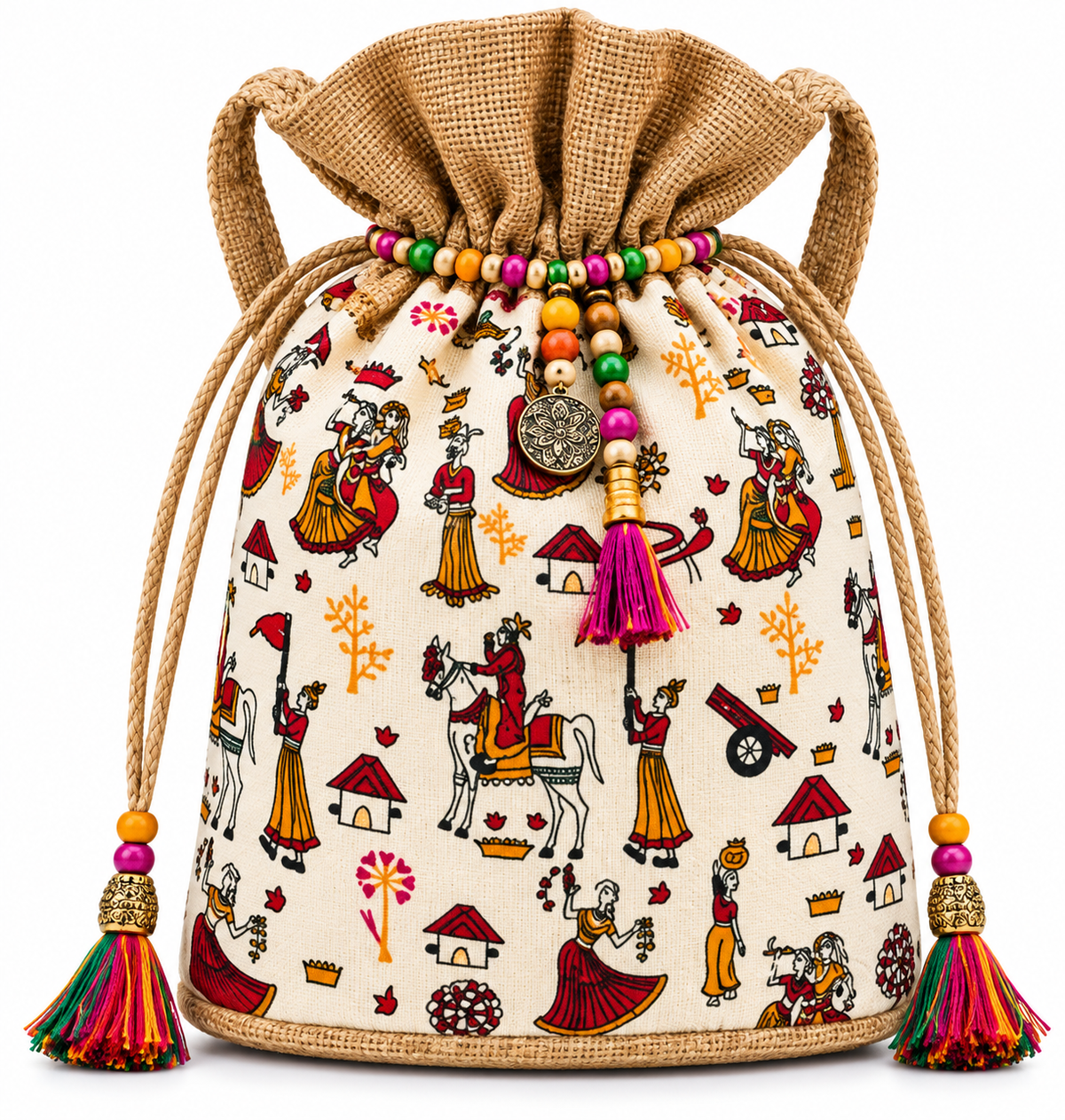 Handcrafted Pattachitra Jute Potli Drawstring Bag