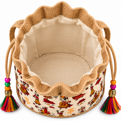 Handcrafted Pattachitra Jute Potli Drawstring Bag