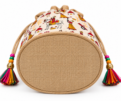 Handcrafted Pattachitra Jute Potli Drawstring Bag