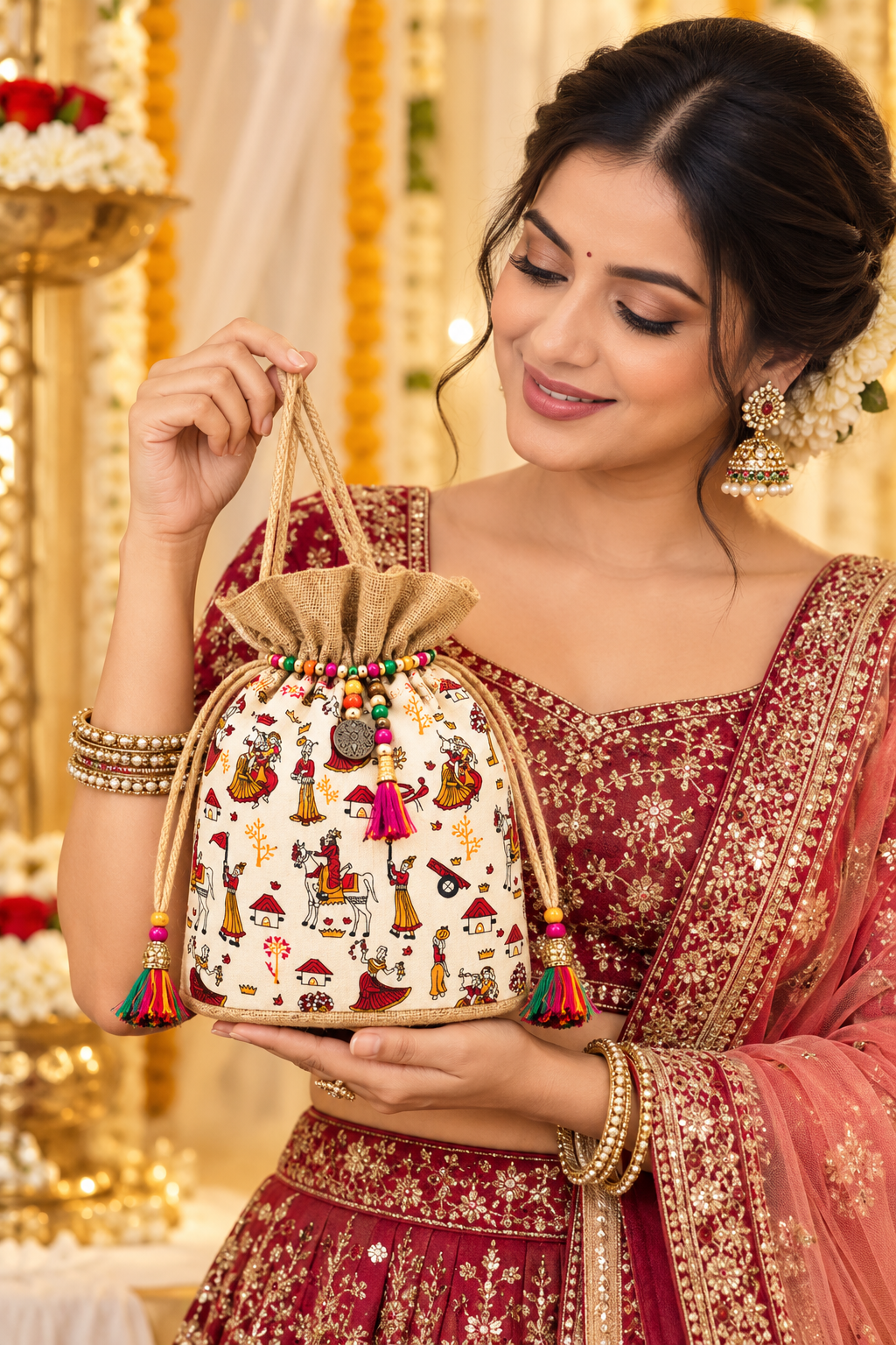 Handcrafted Pattachitra Jute Potli Drawstring Bag
