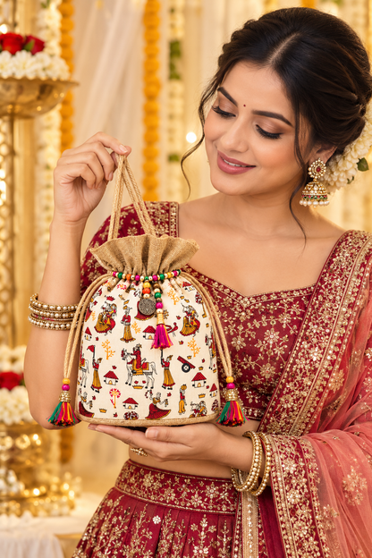 Handcrafted Pattachitra Jute Potli Drawstring Bag