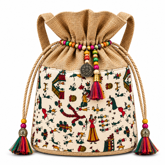 Handcrafted Folk Art Jute Potli Bag with Tassels