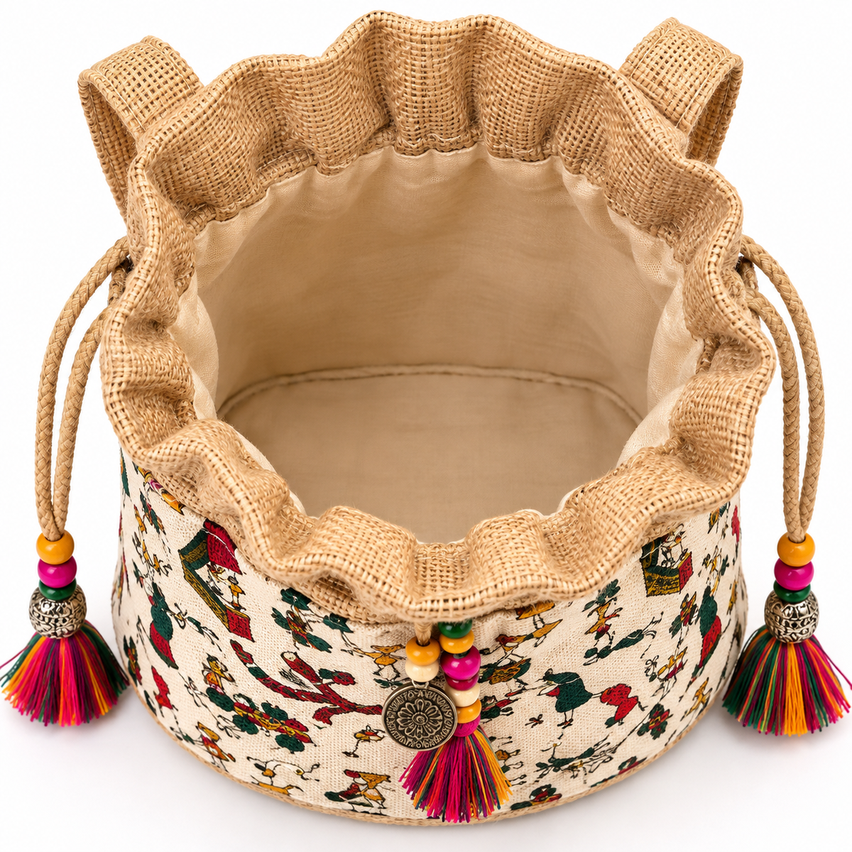 Handcrafted Folk Art Jute Potli Bag with Tassels