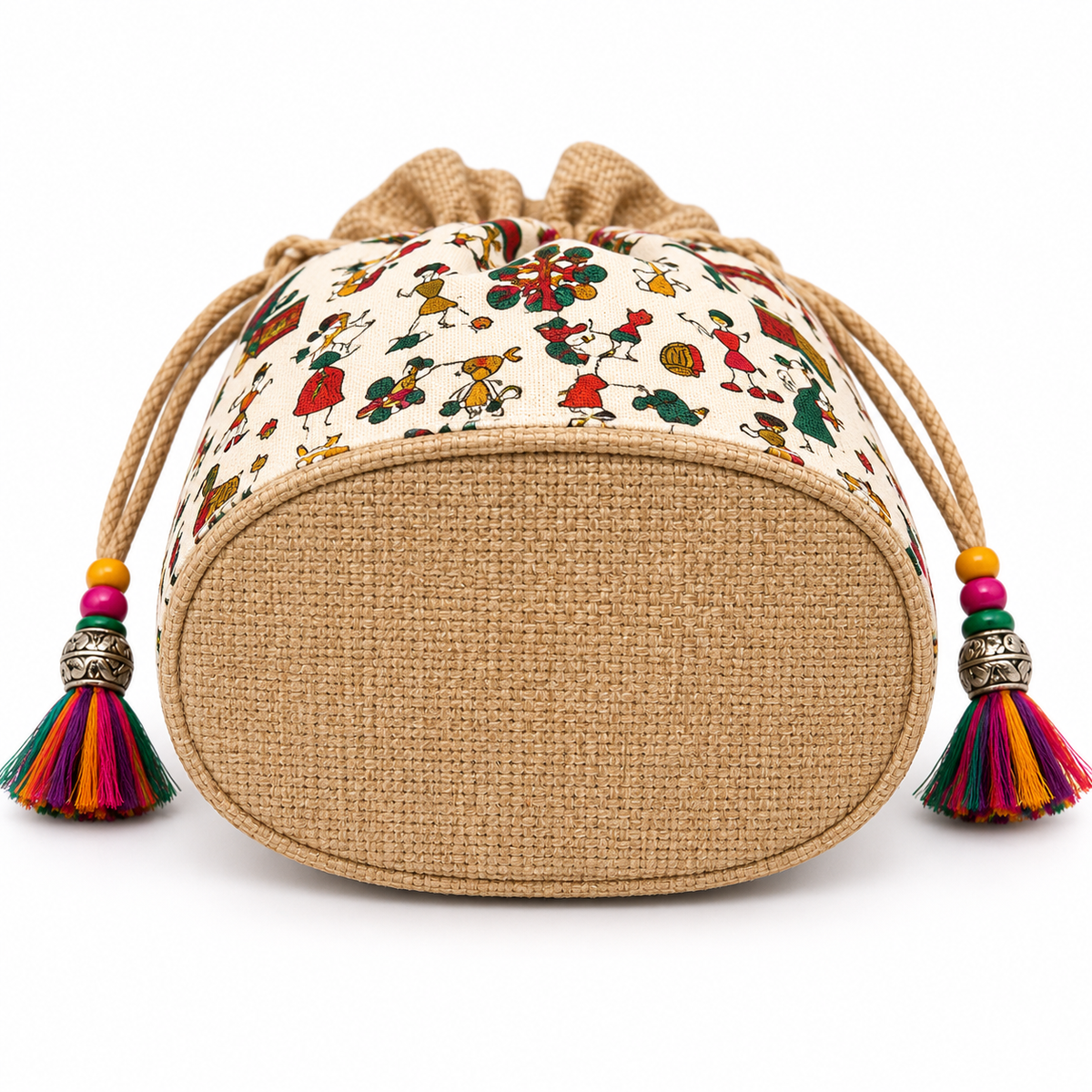 Handcrafted Folk Art Jute Potli Bag with Tassels