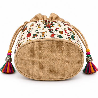 Handcrafted Folk Art Jute Potli Bag with Tassels