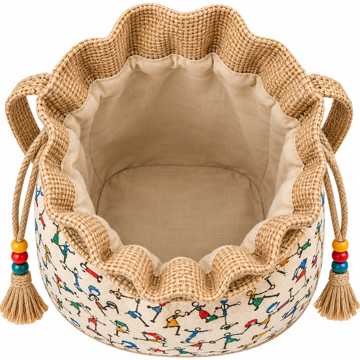 Handcrafted Folk Art Jute Potli Bag with Tassel Detailing