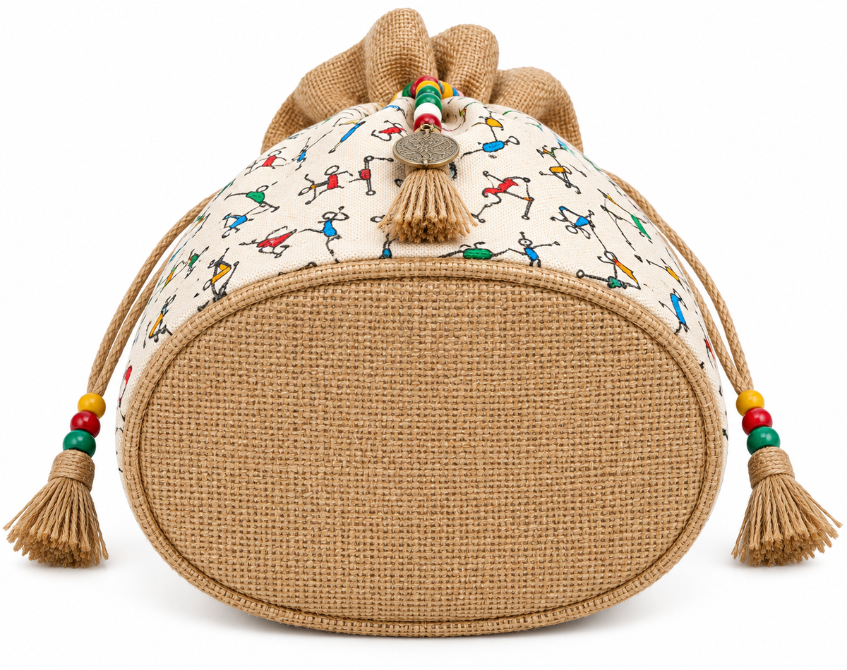 Handcrafted Folk Art Jute Potli Bag with Tassel Detailing