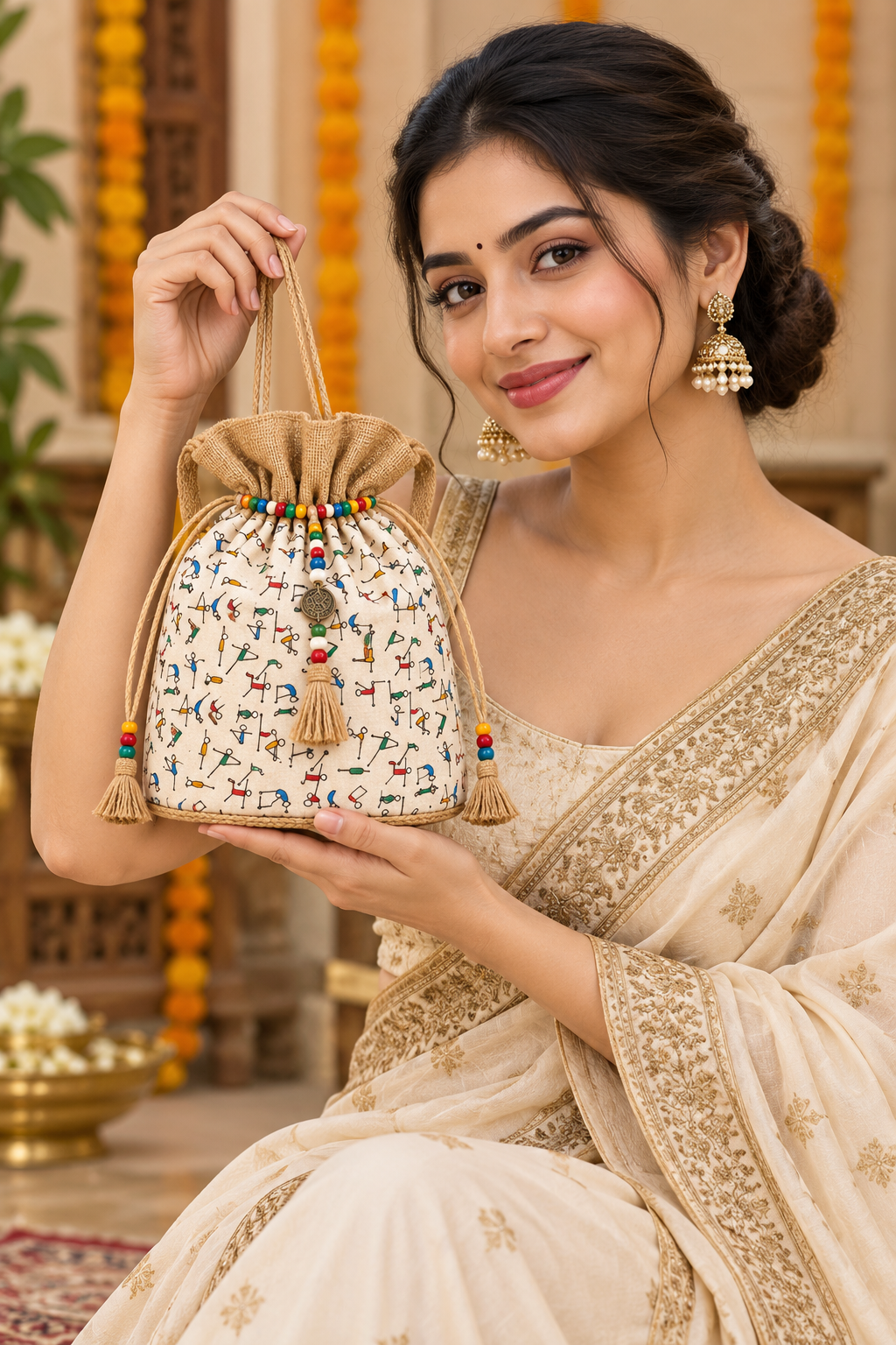 Handcrafted Folk Art Jute Potli Bag with Tassel Detailing
