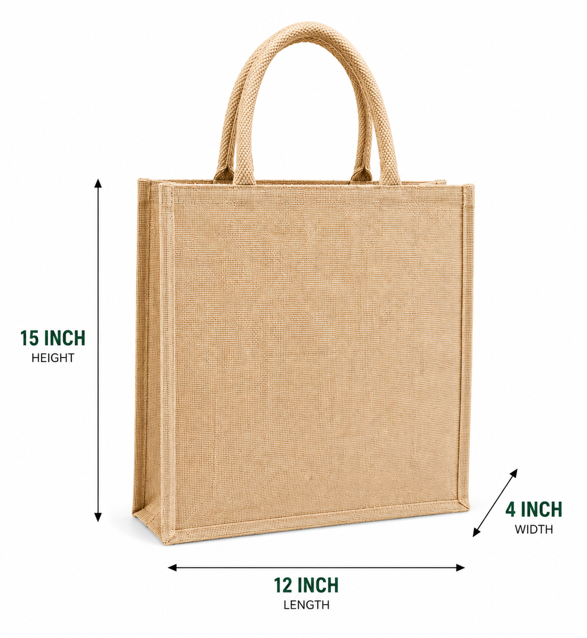 Natural Jute Shopping Tote Bag with Rope Handles – 12 × 15 × 4 Inch