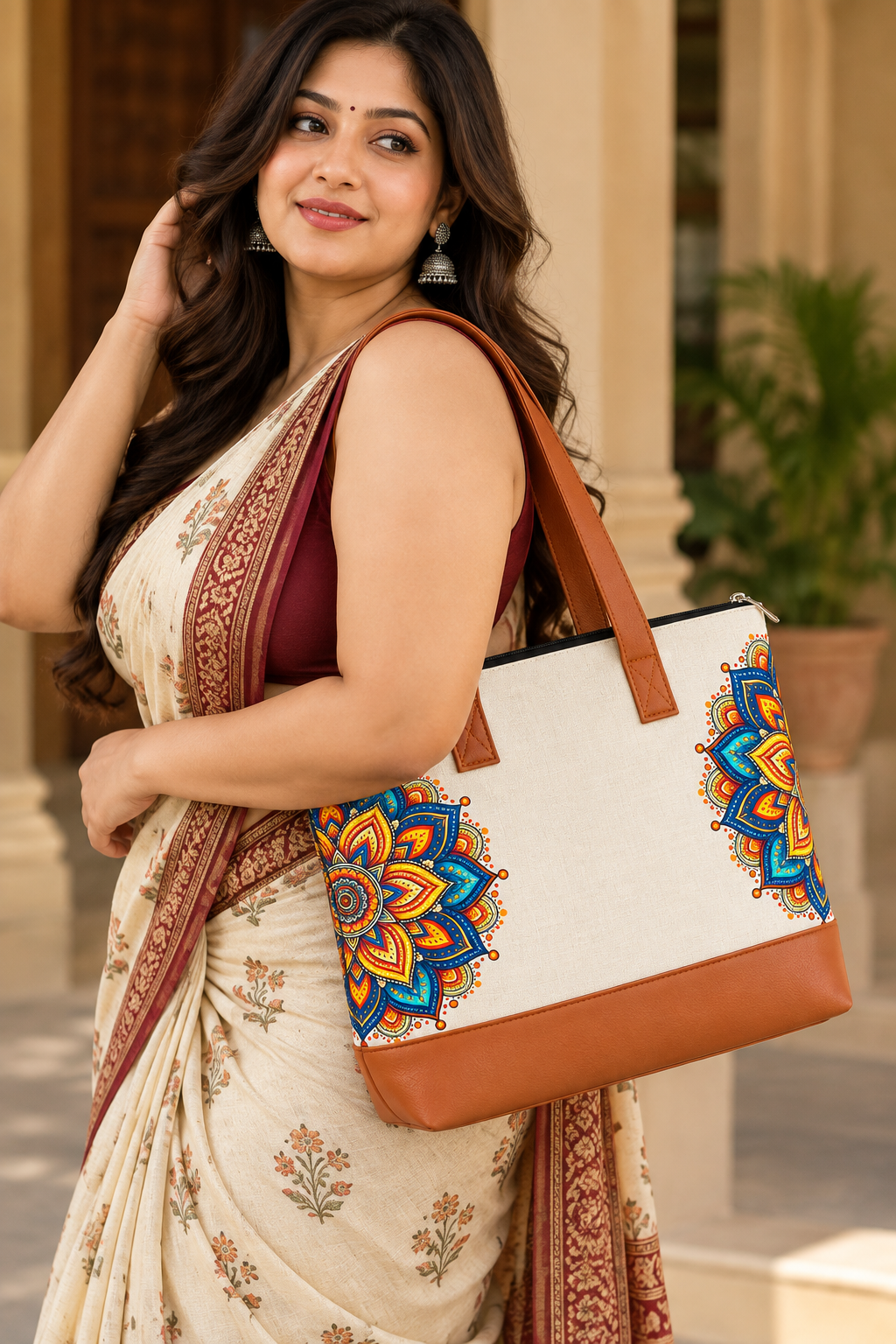 Mandala Heritage Canvas Tote Bag with Faux Leather Handles