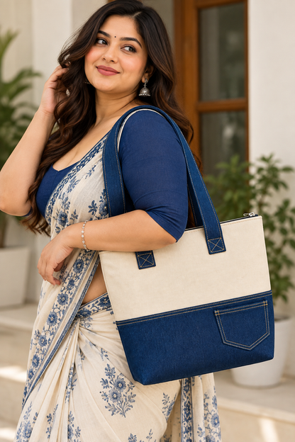 Classic Blue & Cream Canvas Tote Bag with Front Pocket