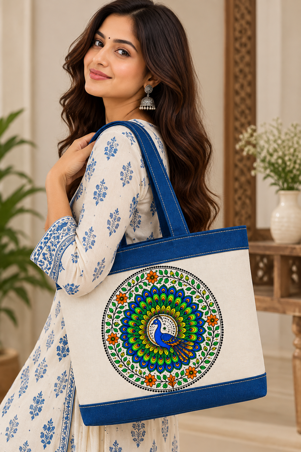 Royal Peacock Mandala Canvas Tote Bag for daily uses