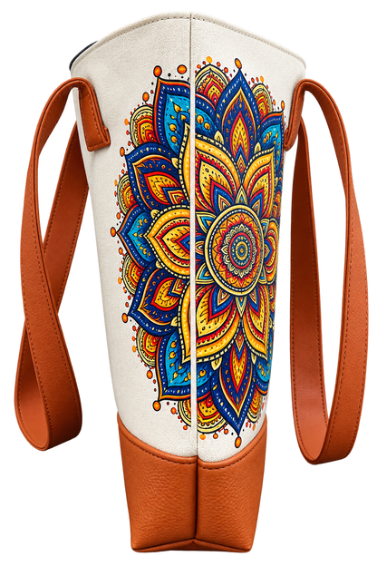 Mandala Heritage Canvas Tote Bag with Faux Leather Handles
