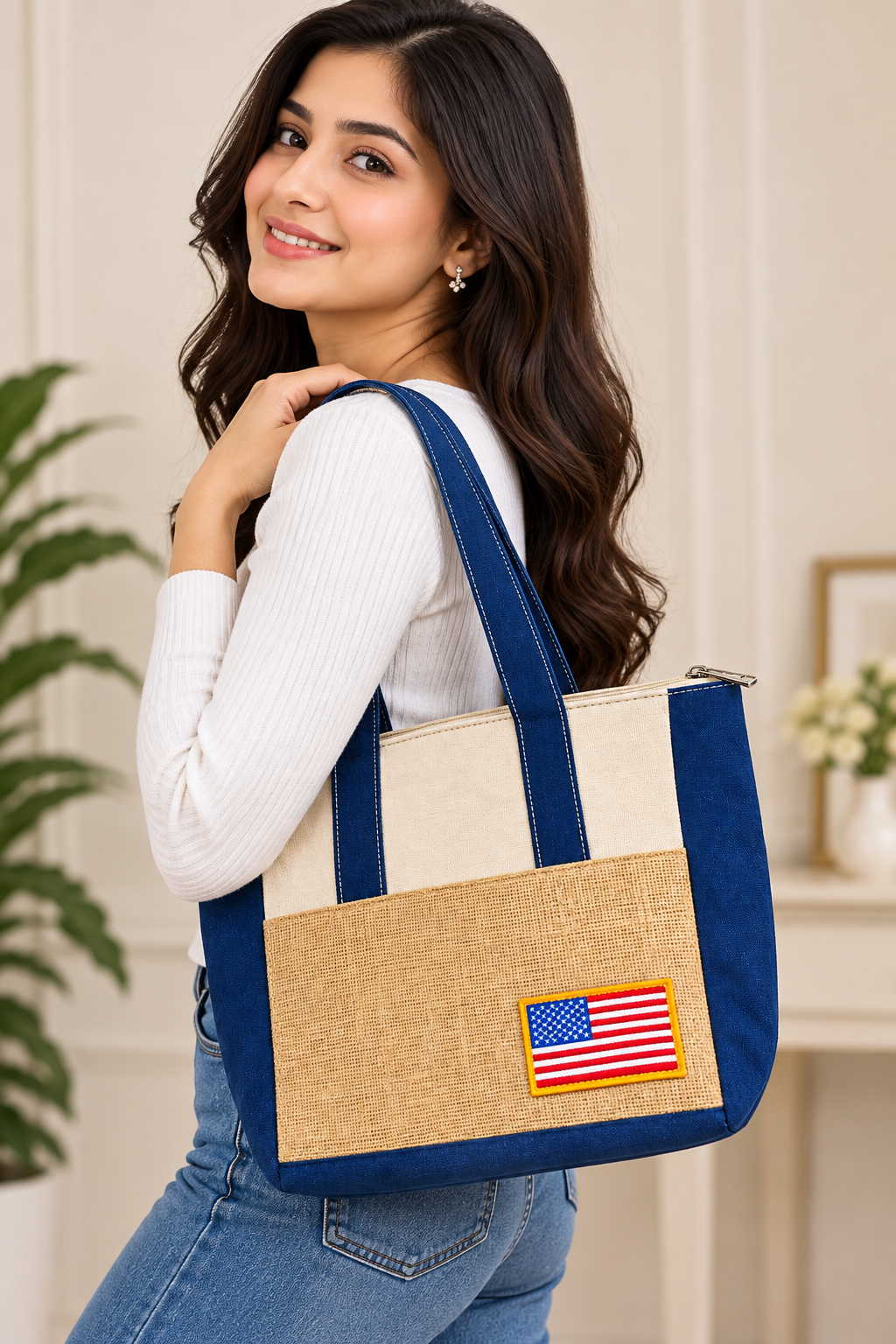 American Flag Jute & Canvas Tote Bag with Zipper