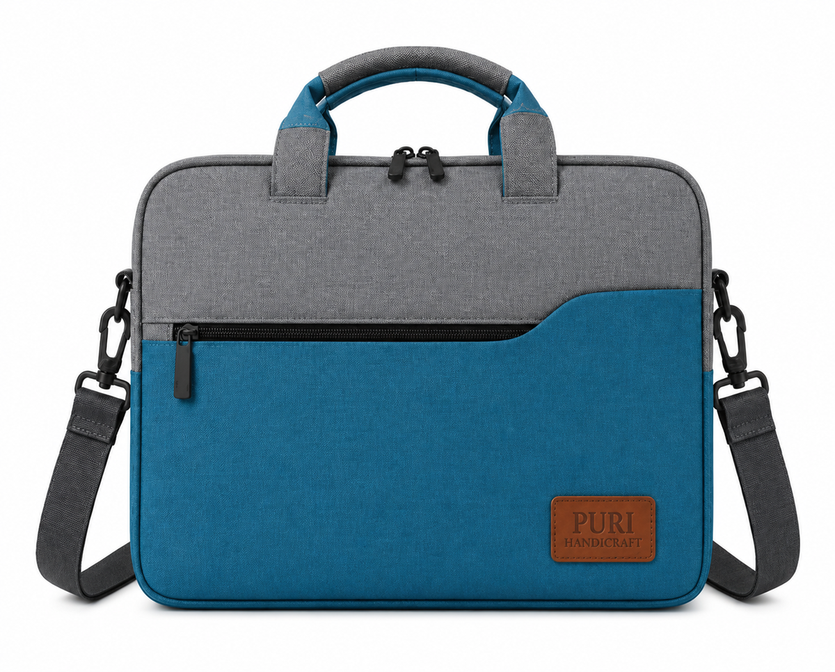 Premium Khadi Fabric Laptop Bag for Men & Women | Stylish Laptop Briefcase with Padded Compartment, Shoulder Strap, Dual Handles & Front Zipper Pocket | Grey & Blue