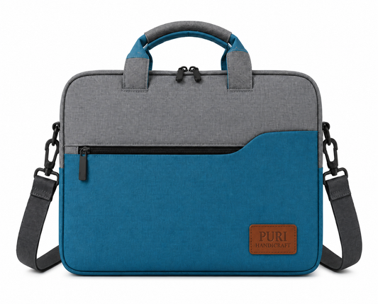 Premium Khadi Fabric Laptop Bag for Men & Women | Stylish Laptop Briefcase with Padded Compartment, Shoulder Strap, Dual Handles & Front Zipper Pocket | Grey & Blue