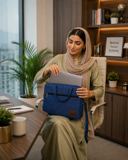 Premium Blue Fabric Laptop Bag for Men & Women – 15.6 Inch Laptop Briefcase with Shoulder Strap & Front Zipper Pocket