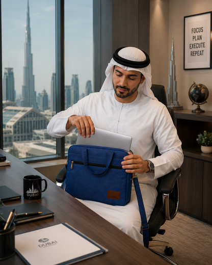 Premium Blue Fabric Laptop Bag for Men & Women – 15.6 Inch Laptop Briefcase with Shoulder Strap & Front Zipper Pocket