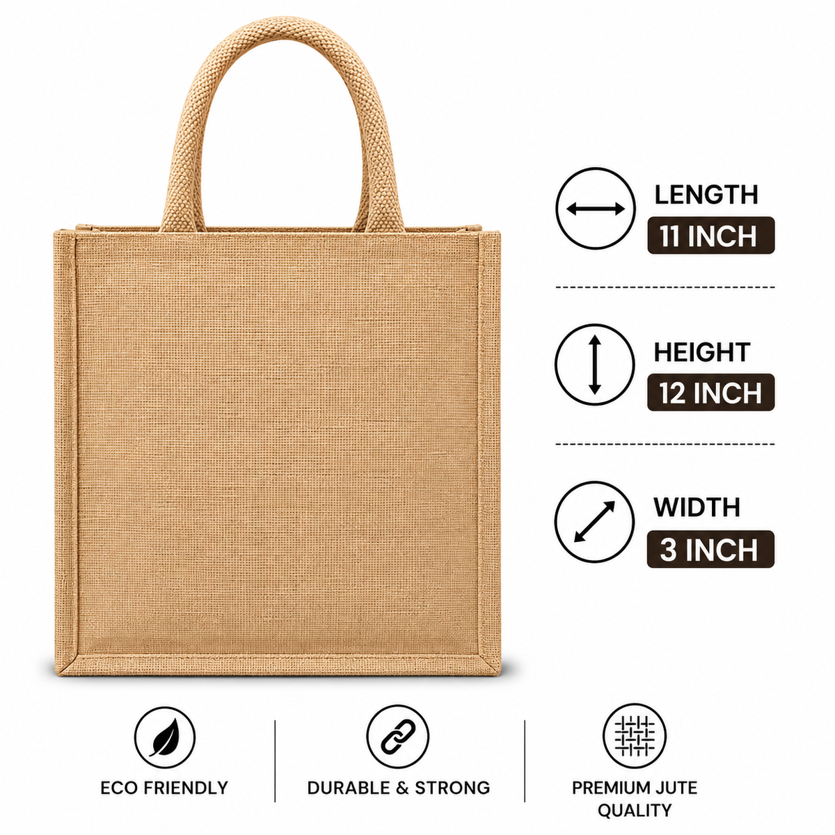 Natural Jute Shopping Tote Bag with Rope Handles – 12 × 15 × 4 Inch
