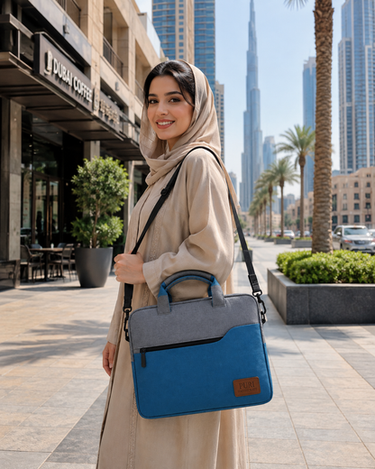 Premium Khadi Fabric Laptop Bag for Men & Women | Stylish Laptop Briefcase with Padded Compartment, Shoulder Strap, Dual Handles & Front Zipper Pocket | Grey & Blue