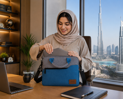 Premium Khadi Fabric Laptop Bag for Men & Women | Stylish Laptop Briefcase with Padded Compartment, Shoulder Strap, Dual Handles & Front Zipper Pocket | Grey & Blue