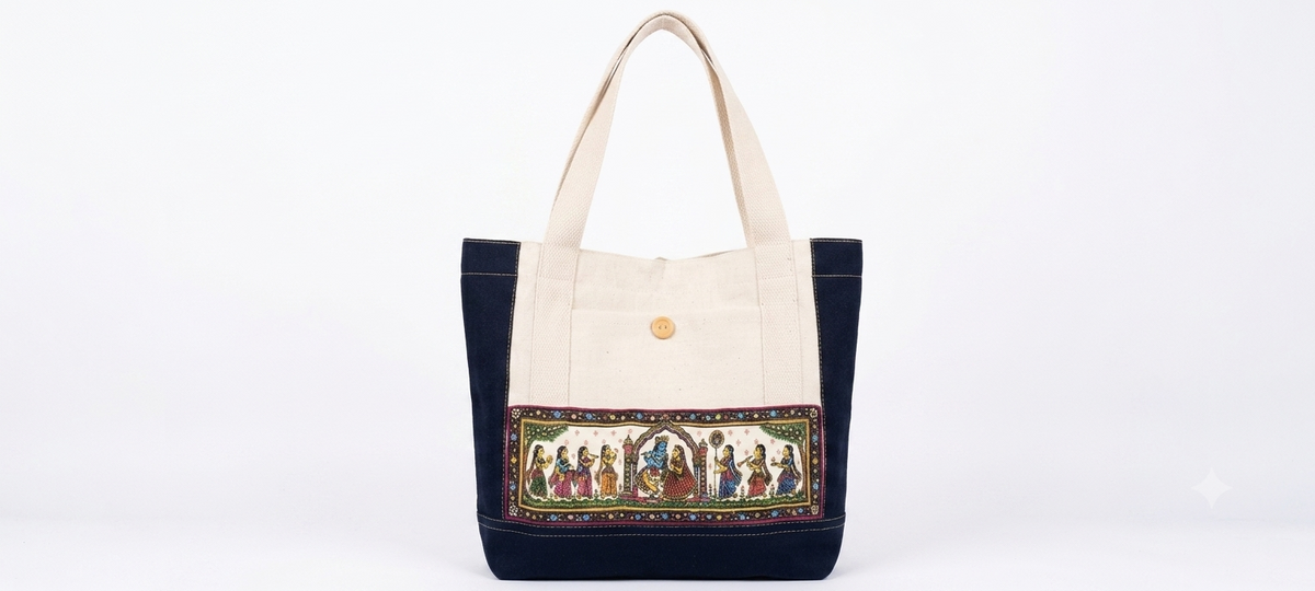 Hand crafted women denim and canvas beautiful Pattachitra Tote Bag