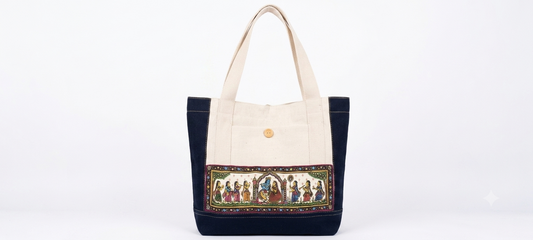 Hand crafted women denim and canvas beautiful Pattachitra Tote Bag