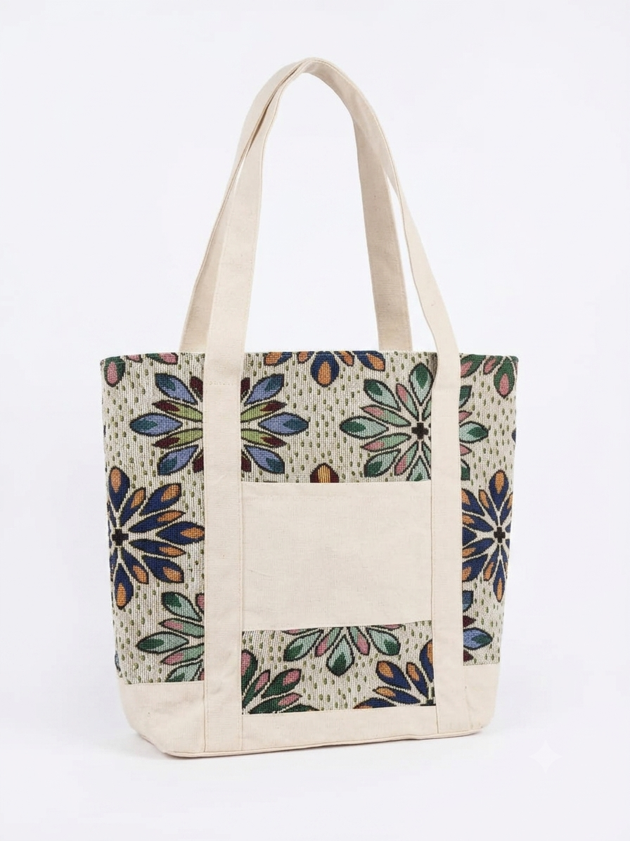 Floral Geometric Printed tapestry and Canvas Tote Bag – Multicolor Ethnic Design
