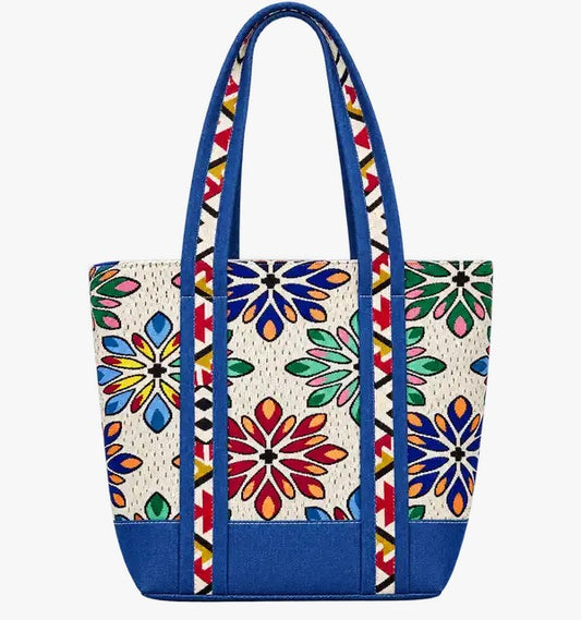 Multicolor Floral Printed Canvas and denim  Tote Bag with Blue Handles