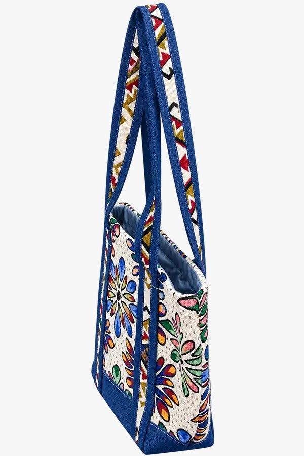Multicolor Floral Printed Canvas and denim  Tote Bag with Blue Handles