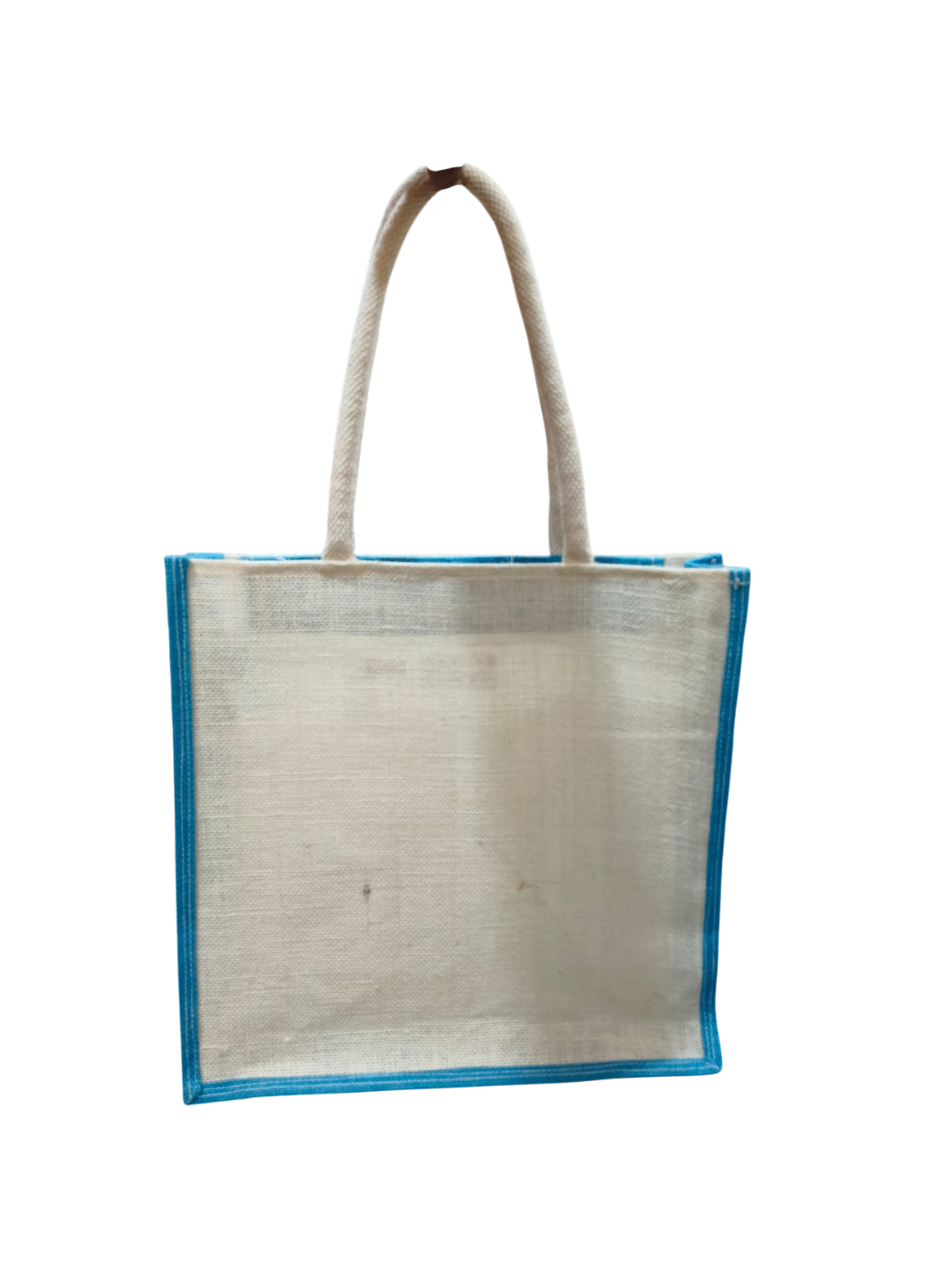 premium handcrafted off-white and blue jute tote shopping bag