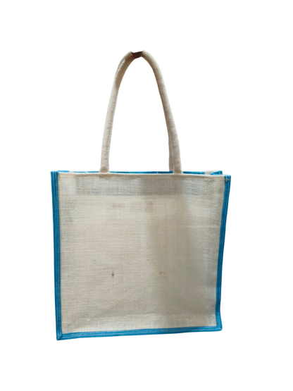 premium handcrafted off-white and blue jute tote shopping bag