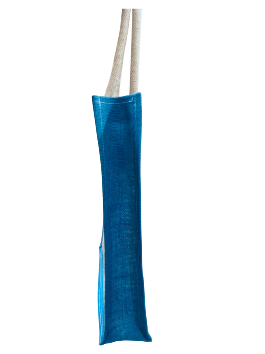 premium handcrafted off-white and blue jute tote shopping bag