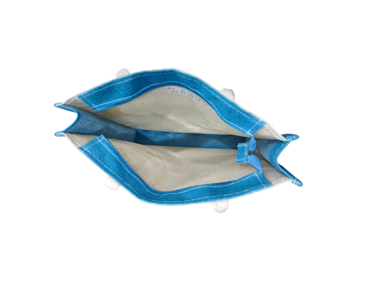 premium handcrafted off-white and blue jute tote shopping bag