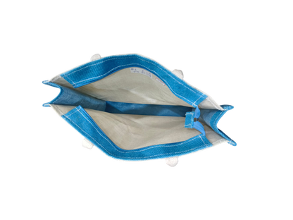 premium handcrafted off-white and blue jute tote shopping bag