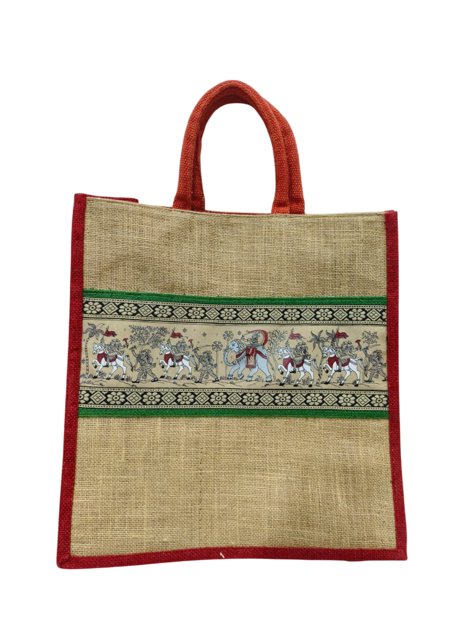 Handcrafted Jute Tote Bag with Traditional Indian Horse Art & Green Border