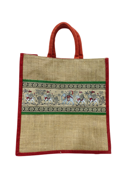 Handcrafted Jute Tote Bag with Traditional Indian Horse Art & Green Border