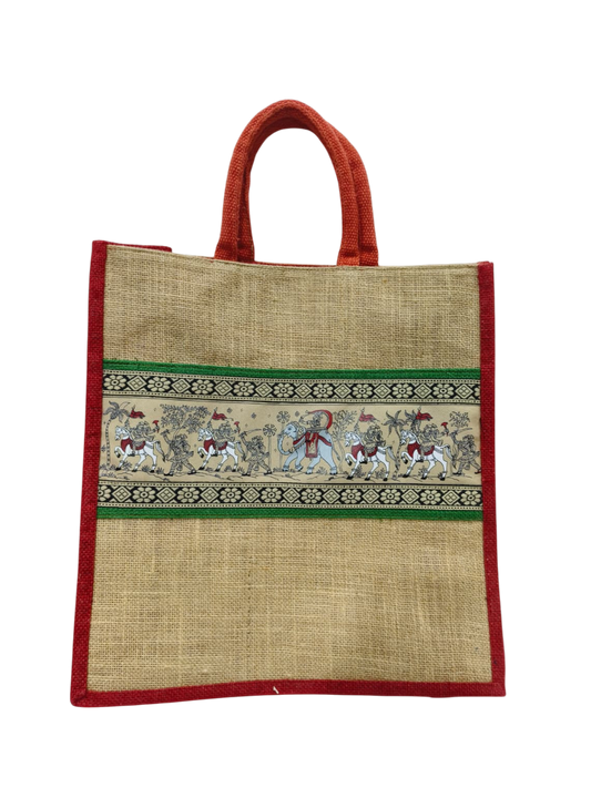 Handcrafted Jute Tote Bag with Traditional Indian Horse Art & Green Border