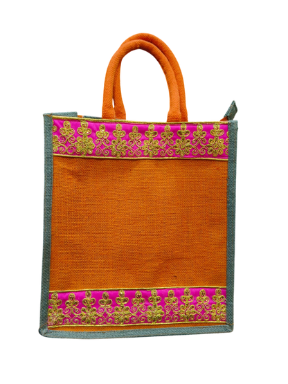 Handcrafted orange Jute Tote Gifting  Bag with Pink & Golden Embroidered Border