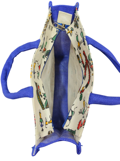 Traditional Folk Art Printed Canvas Gifting Tote Bag with blue jute side strap.