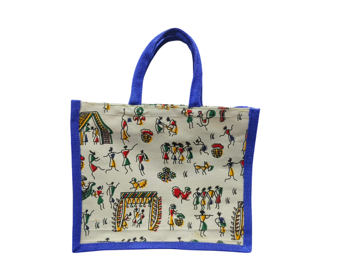 Traditional Folk Art Printed Canvas Gifting Tote Bag with blue jute side strap.